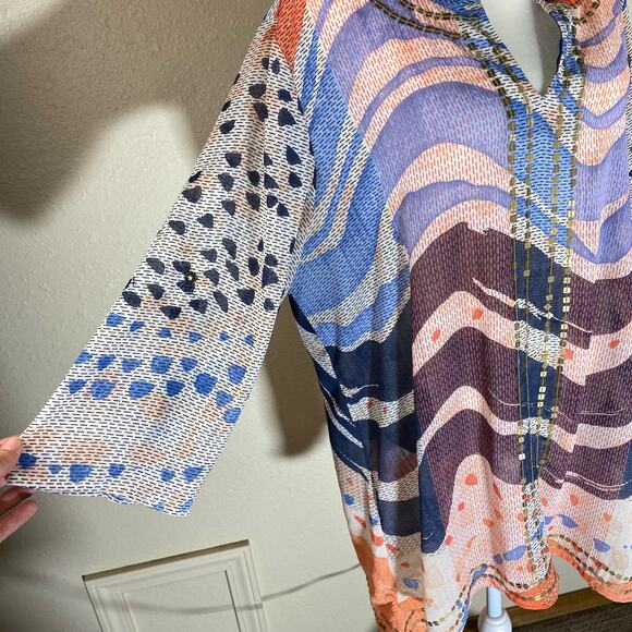 Chicos Whimsy Waves Violet Top Sz 3 XL Sheer Multicolor Artsy Flowy sequins - Picture 7 of 12